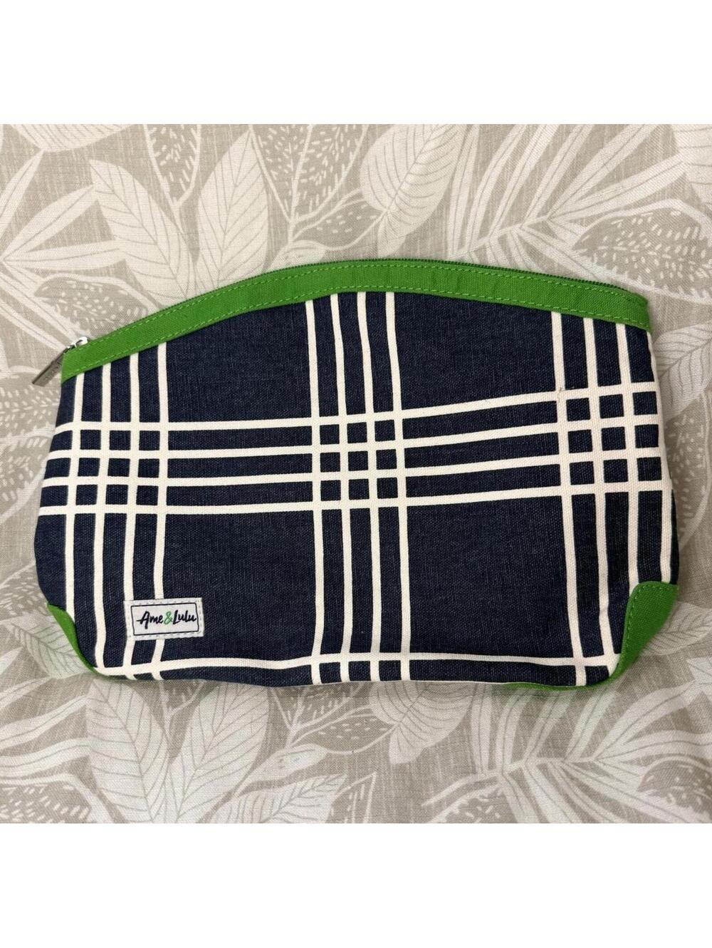 Ame & Lulu Navy Blue and White Plaid Cosmetic Bag with Green Trim
